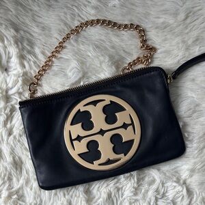 Tory Burch Black Clutch with LARGE TB & Gold Chain